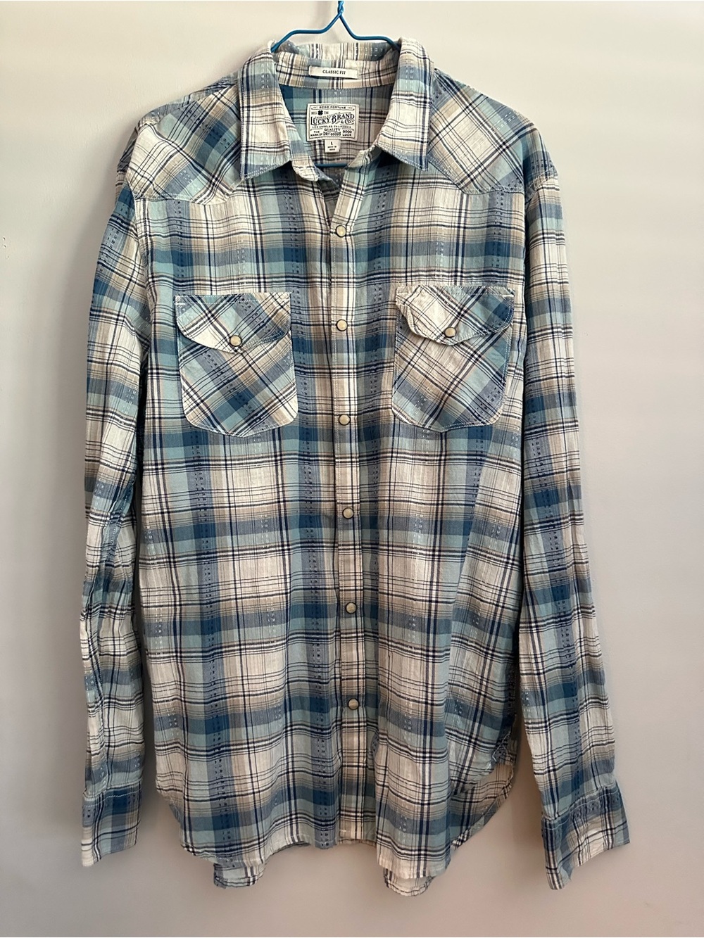 Men’s Lucky Brand Light Blue and Beige Plaid Snap Button-Down Shirt, Large